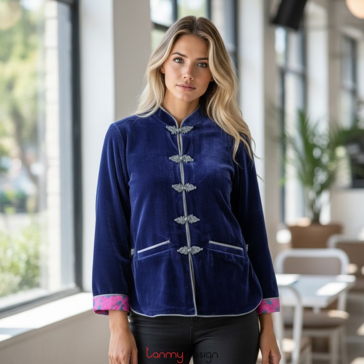 Dark blue velvet coat with plaited buttons